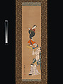 The Warrior Asahina Yoshihide Lifting a Puppet of a Courtesan on a Go Board, Torii Kiyoshige (Japanese, active ca. 1716–1759), Hanging scroll; ink, color and gold on paper, Japan