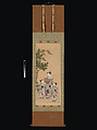 Courtesan and  Two Attendants on New Year's Day, Isoda Koryūsai (Japanese, 1735–ca. 1790), Hanging scroll; ink, color and gold on paper, Japan