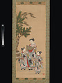 Courtesan and  Two Attendants on New Year's Day, Isoda Koryūsai (Japanese, 1735–ca. 1790), Hanging scroll; ink, color and gold on paper, Japan