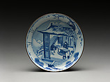 Dish with a scholar writing on a snowy night, Porcelain painted in underglaze cobalt blue (Jingdezhen ware), China