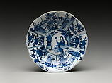 Plate with cartouches of women and plants, Porcelain painted in underglaze cobalt blue (Jingdezhen ware), China