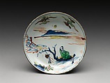 Dish with an immortal on raft, Porcelain painted in underglaze blue and overglaze polychrome enamels (Jingdezhen ware), China
