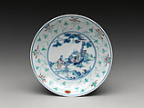 Dish with God of Longevity (Shoulao) and an attendant, Porcelain painted in underglaze cobalt blue and overglaze polychrome enamels (Jingdezhen ware), China