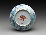Dish with God of Longevity (Shoulao) and an attendant, Porcelain painted in underglaze cobalt blue and overglaze polychrome enamels (Jingdezhen ware), China