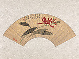 Red Orchid, Chang Dai-chien (Zhang Daqian) Chinese, Two-sided folding fan mounted as an album leaf; ink and color on gold-flecked paper, China