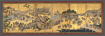 Women’s Kabuki, Studio of Kano Takanobu (Japanese, 1571–1618), Six-panel folding screen; ink, color, gold, silver, and gold leaf on paper, Japan