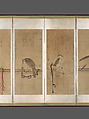 Tethered Hawks, Soga Chokuan (Japanese, active ca. 1596–1615), Twelve paintings mounted as a pair of six-panel folding screens; ink and color on paper, Japan