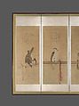 Tethered Hawks, Soga Chokuan (Japanese, active ca. 1596–1615), Twelve paintings mounted as a pair of six-panel folding screens; ink and color on paper, Japan