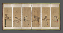 Tethered Hawks, Soga Chokuan (Japanese, active ca. 1596–1615), Twelve paintings mounted as a pair of six-panel folding screens; ink and color on paper, Japan