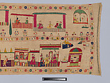 Festival Banner Showing Krishna Rescuing and Marrying Rukmini, Cotton embroidered with floss silk dyed with safflower, cochineal, lac, and indigo, and metal-wrapped thread, India, Punjab Hills, kingdom of Chamba