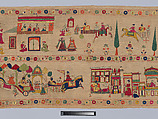 Festival Banner Showing Krishna Rescuing and Marrying Rukmini, Cotton embroidered with floss silk dyed with safflower, cochineal, lac, and indigo, and metal-wrapped thread, India, Punjab Hills, kingdom of Chamba
