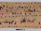 Festival Banner Showing Krishna Rescuing and Marrying Rukmini, Cotton embroidered with floss silk dyed with safflower, cochineal, lac, and indigo, and metal-wrapped thread, India, Punjab Hills, kingdom of Chamba