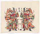 New Year Picture of Paired Door Gods with Knife-mounted Poles, Unidentified artist(s) , early 20th century, Polychrome woodblock print; ink and color on paper, China