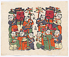 New Year Picture of Paired Civil Door Gods with Five Children, Unidentified artist(s) , early 20th century, Polychrome woodblock print; ink and color on paper, China