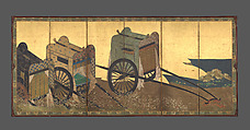 Imperial Carts (Gosho guruma), Six-panel folding screen; ink, color, gold, and gold leaf on paper, Japan