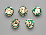 Set of Five Camellia-Shaped Side Dishes (Mukōzuke) with Camellia Patterns, Workshop of Ogata Kenzan (Japanese, 1663–1743), Stoneware with white slip and polychrome overglaze enamels (Kenzan ware), Japan