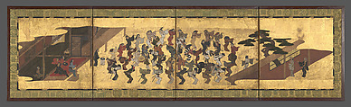 Festive Dancing at a Samurai Residence (Fūryū odori zu byōbu), Unidentified artist, Four-panel folding screen; ink and color on paper, Japan