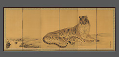 Tiger, Tigress and Cub, Kishi Chikudō (Japanese, 1826–1897), Pair of six-panel folding screens; ink and color on silk, Japan