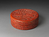 Covered box with figures in a garden, Carved red lacquer, China