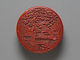 Covered box with figures in a garden, Carved red lacquer, China