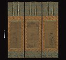 Triptych of White-robed Kannon, Kanzan, and Jittoku, Unidentified artist  , 14th century, Set of three hanging scrolls; ink on silk;, Japan