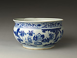 Incense Burner with Eighteen Luohans, Porcelain painted with cobalt blue under transparent glaze (Jingdezhen ware), China