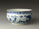 Incense Burner with Eighteen Luohans, Porcelain painted with cobalt blue under transparent glaze (Jingdezhen ware), China