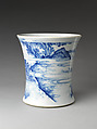 Brush holder with scene of Wang Qing crossing the river from The Water Margin (Shuihu zhuan), Porcelain painted in underglaze cobalt blue (Jingdezhen ware), China