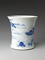 Brush holder with scene of Wang Qing crossing the river from The Water Margin (Shuihu zhuan), Porcelain painted in underglaze cobalt blue (Jingdezhen ware), China