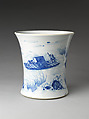 Brush holder with scene of Wang Qing crossing the river from The Water Margin (Shuihu zhuan), Porcelain painted in underglaze cobalt blue (Jingdezhen ware), China