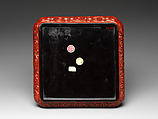 Square dish with figures in a garden, Carved red lacquer, China