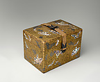 Box, Lacquered wood with gold and silver hiramaki-e, mother-of-pearl inlay on black lacquer ground; leather strap with metal fittings, Japan