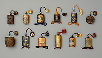 Inrō with Wisteria Trellis, Inrō: five cases; lacquered wood with gold and silver takamaki-e, hiramaki-e, togidashimaki-e, cutout gold foil application on gold lacquer ground; ojime: goldstone (glass) bead; netsuke: three wise monkeys; carved wood with red lacquer, Japan