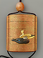 Inrō with Ducks on Swirls, Signed Tōyō (Japanese, active second half of the 18th century), Inrō: four cases; gold, silver takamaki-e, hiramaki-e, gold foil application, mother-of-pearl inlay on red lacquer ground; ojime: fire agate bead; netsuke: Kappa; carved wood, Japan