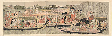 Pleasure Boats on the Sumida River beneath Shin-Ōhashi Bridge
, Chōbunsai Eishi Japanese, Pentaptych of woodblock prints; ink and color on paper, Japan