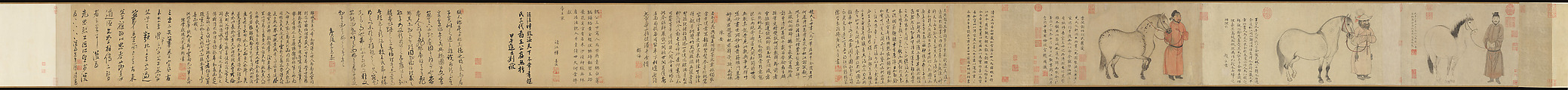 Grooms and horses, Zhao Mengfu (Chinese, 1254–1322), Handscroll; ink and color on paper, China