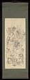Collaborative Painting of Sixteen Arhats, Suzuki Hyakunen 鈴木百年 (Japanese, 1825–1891), Hanging scroll; ink and color on satin, Japan