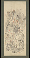 Collaborative Painting of Sixteen Arhats, Suzuki Hyakunen 鈴木百年 (Japanese, 1825–1891), Hanging scroll; ink and color on satin, Japan