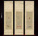 Shellfish and Apparitions of the Yoshiwara Pleasure Quarter, Chōbunsai Eishi (Japanese, 1756–1829), Triptych of hanging scrolls with inscribed mountings; painting: ink and color on silk; calligraphy: ink on silk mounting fabric, Japan