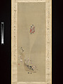 Shellfish and Apparitions of the Yoshiwara Pleasure Quarter, Chōbunsai Eishi (Japanese, 1756–1829), Triptych of hanging scrolls with inscribed mountings; painting: ink and color on silk; calligraphy: ink on silk mounting fabric, Japan