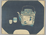 Sometsuke Sencha Teapot and Cups, Yamada Hōgyoku 山田抱玉  Japanese, Blue-colored woodblock print (aizuri-e); ink and color on paper; fan print (uchiwa-e) on horizontal aiban sheet, Japan