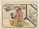 Courtesan with a Young Man (Wakashu) beside a Screen, Hishikawa Moronobu Japanese, Woodblock print (sumizuri-e); ink and hand-applied color on paper; horizontal ōban, Japan