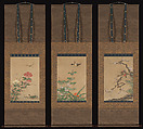Birds and Flowers, Traditionally attributed to Kano Motonobu (Japanese, 1477–1559), Set of three hanging scrolls; ink and color on paper, Japan