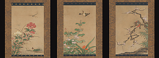 Birds and Flowers, Traditionally attributed to Kano Motonobu (Japanese, 1477–1559), Set of three hanging scrolls; ink and color on paper, Japan