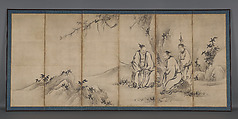 Chinese Sages, Attributed to Kano Sanraku (Japanese, 1559–1635), Pair of six-panel folding screens; ink on paper, Japan