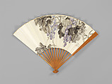 Carved fan, grapevines and calligraphy, Bamboo frame carving by Jin Xiya (Chinese, 1890–1979), Folding fan; ink and color on paper with carved bamboo frame, China