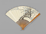 Carved fan with plum-blossom painting, Bamboo carving by Jin Xiya (Chinese, 1890–1979), Folding fan; ink and color on paper with carved bamboo frame, China