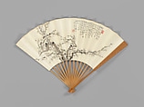 Carved fan with plum-blossom painting, Bamboo frame carving by Jin Xiya (Chinese, 1890–1979), Folding fan; ink and color on paper with carved bamboo frame, China