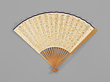 Folding fan with bamboo frame carved with bamboo shoot, squirrel and pine tree, Jin Xiya (Chinese, 1890–1979), Folding fan with plain gold-flecked paper; carved bamboo frame, China