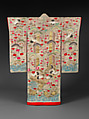 Outer Robe (Uchikake) with Mount Penglai, Crepe silk with paste-resist dyeing, stencil-dyed dots, silk- and gold-thread embroidery, Japan